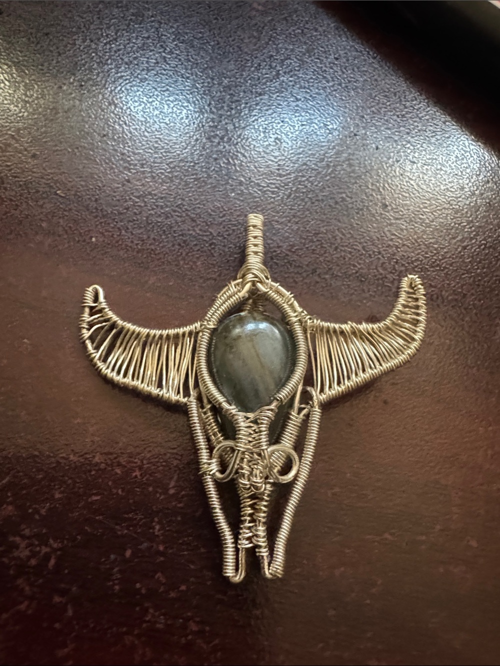 Taurus Wire-Wrapped Bull Skull Pendant with Iridescent Stone